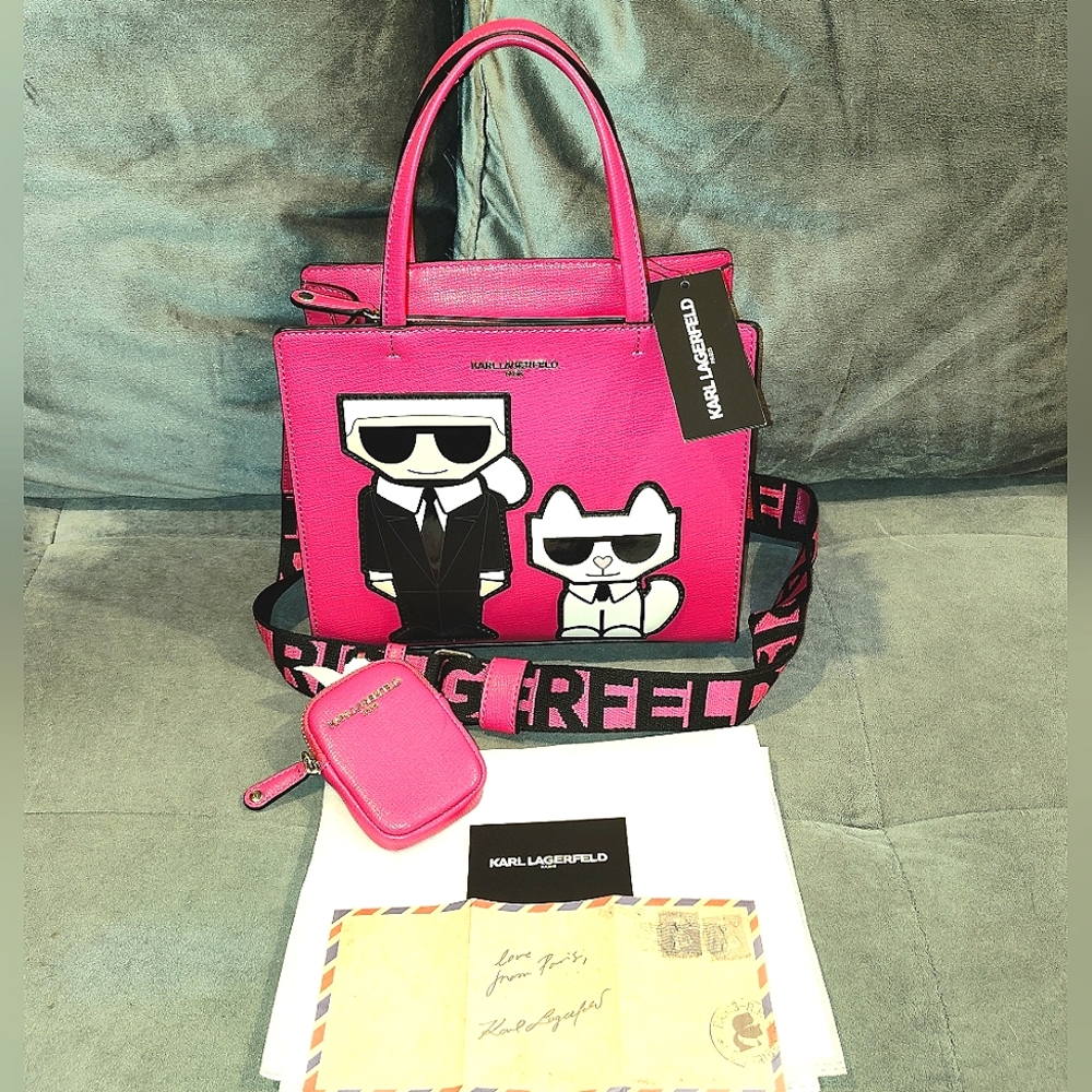 NWT KARL LAGERFELD PARIS MAYBELLINE  LEATHER TWO-WAY TOTE W/ RARE LOVE LETTER - Picture 2 of 16